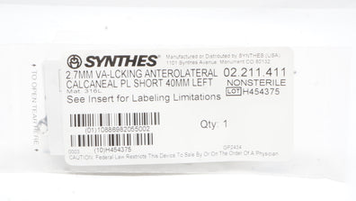 Synthes 02.211.411 2.7mm VA-LCKING Anterolateral Calcaneal Plate Short 40mm Left